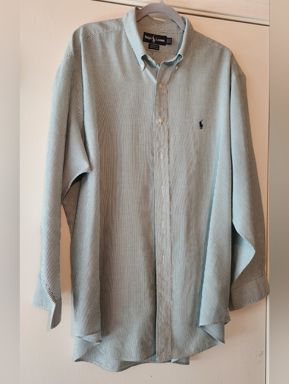 Ralph Lauren Green White Stripe Button Down Shirt Men's Sz 17-1/2, 34/35 EUC $33